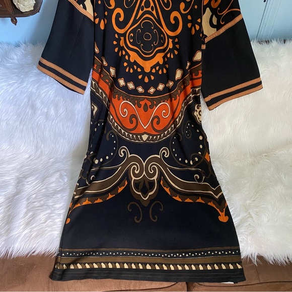 1970s Handmade Vintage Groovy Patterned Bell Sleeve Kaftan Dress - Picture 8 of 16